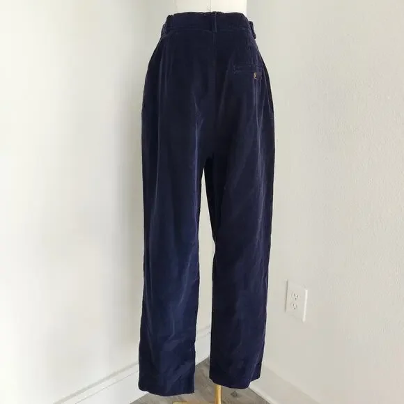 Vintage 80s Navy Blue Corduroy High Rise Pleated Trousers Straight Leg Pants M - Picture 6 of 9